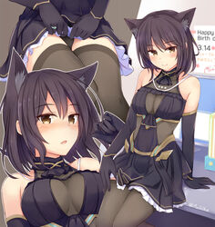  alice_gear_aegis animal_ear_fluff animal_ears arm_support black_dress black_gloves black_hair black_legwear black_panties blush breasts breasts_apart brown_eyes cat_ears cat_girl cleavage closed_mouth clothes_lift dress dress_lift elbow_gloves female fuji_kakei gloves hair_between_eyes lifting_own_clothes long_hair medium_breasts niiya_serina open_mouth panties see-through see-through_cleavage short_dress sleeveless sleeveless_dress smile thighhighs twitter_username underwear 