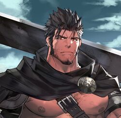  1boy bara beard black_hair body_hair cape chest_hair facial_hair large_pectorals long_sideburns male_focus manly muscular muscular_male nikism nipples original pectorals red_eyes shoulder_pads sideburns solo spiked_hair sword swordman upper_body weapon 