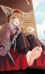  animal_ears apron arknights barefoot black_hakama blonde_hair chinese_commentary coin_purse commentary_request dango diestren fangs feet female flower food foot_focus foot_out_of_frame foreshortening fox_ears fox_girl fox_tail frilled_apron frills green_eyes hair_flower hair_ornament hairband hakama hakama_skirt highres japanese_clothes kimono kitsune kyuubi multiple_tails official_alternate_costume okobo open_mouth pink_kimono red_hairband sandals sanshoku_dango skirt socks soles solo suzuran_(arknights) suzuran_(yukibare)_(arknights) tail teeth toes wagashi waist_apron white_apron 