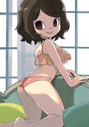  animal_crossing arched_back ass bare_arms bare_legs bare_shoulders barefoot bra breasts brown_eyes brown_hair closed_mouth eyelashes female highres kneeling looking_to_the_side medium_breasts muramasa_mikado murana_(muramasa_mikado) no_pupils orange_bra panties pillow pink_panties short_hair smile solo strap_slip swept_bangs underboob underwear villager_(animal_crossing) window 