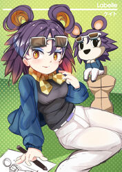  absurdres animal_crossing belt blues_(artist) blush character_name commentary_request eyewear_on_head female hedgehog_ears highres humanization label_able_(animal_crossing) long_hair open_mouth orange_eyes pencil purple_hair sitting solo 