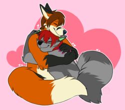  2020 brown_hair canid canine carifoxleopard closed_eyes digital_media_(artwork) duo fox fur hair hug mammal orange_body orange_fur procyonid raccoon red_hair smile 