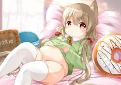  animal_ear_fluff animal_ears bell belly blush brown_hair cat_ears closed_mouth clothes_lift collared_shirt commentary_request curtains feet_out_of_frame female green_shirt hair_between_eyes hair_ornament hair_scrunchie highres indoors jingle_bell koruri-chan_(sora) lifting_own_clothes long_hair low_twintails lying navel neck_bell neck_ribbon on_back original panties pillow plump red_eyes red_ribbon red_scrunchie ribbon scrunchie shirt shirt_lift skindentation solo sora_(silent_square) sunlight thighhighs transparent twintails underwear very_long_hair white_panties white_thighhighs 