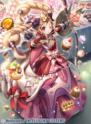  arrow_(projectile) black_bow blonde_hair bow bow_(weapon) cake closed_mouth commentary_request company_name copyright_name cupcake doughnut dress elise_(fire_emblem) female fire_emblem fire_emblem_cipher fire_emblem_fates food full_body fumi_(butakotai) hairbow holding holding_bow_(weapon) holding_weapon long_hair macaron multicolored_hair official_art one_eye_closed photoshop_(medium) pudding purple_eyes purple_hair quiver smile solo twintails weapon 