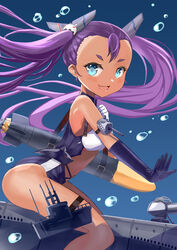  :d air_bubble arm_strap ass asymmetrical_gloves azur_lane bad_id bad_pixiv_id bare_shoulders blue_background blue_eyes bluegill_(azur_lane) blush breasts bubble carrying center_opening cowboy_shot dark-skinned_female dark_skin detached_collar elbow_gloves female forehead gloves hair_ornament hair_strand highres long_hair looking_at_viewer mg42cat-k1ng mismatched_gloves navel oerba_yun_fang one-piece_swimsuit open_hand open_mouth photoshop_(medium) purple_gloves purple_hair purple_one-piece_swimsuit short_eyebrows simple_background sitting skin_fang small_breasts smile solo strap swimsuit thigh_strap torpedo turret twintails white_gloves 