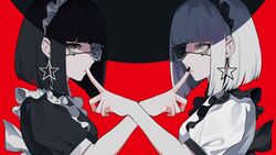  2girls black_eyes black_hair black_nails commentary earrings eyepatch finger_to_another&#039;s_mouth fingernails flower_eyepatch frills highres identity_(vocaloid) jewelry lam_(ramdayo) multiple_girls nail_polish official_art pointing pointing_at_another red_background reverse_palettes short_hair star_(symbol) star_earrings symmetry white_eyes white_hair white_nails 