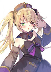  :o absurdres barbara_(genshin_impact) barbara_(genshin_impact)_(cosplay) bare_shoulders black_dress black_hat black_sleeves blonde_hair blush commentary_request cosplay detached_sleeves dress eyepatch female fischl_(genshin_impact) genshin_impact green_eyes hair_over_one_eye hand_up hat highres long_hair long_sleeves open_mouth simple_background solo strapless strapless_dress sweat tomozero twintails white_background 