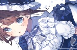  blush bow brown_hair commentary_request emma_woods emma_woods_(boudoir_dream) female freckles frilled_sleeves frills gloves identity_v official_alternate_costume ryota_(ry_o_ta) shadow short_sleeves signature solo symbol-shaped_pupils x_x 