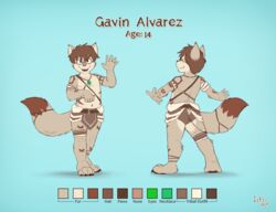  2019 4_toes 5_fingers adolescent anthro bottomwear brown_tail_tip canid canine character_name claws clothing countershading dipstick_tail english_text eyewear feet fingers fox fur gavin_alvarez glasses hair hi_res humanoid_hands iztli loincloth male mammal markings model_sheet multicolored_tail simple_background solo tail tail_markings tan_body tan_fur text toe_claws toes young young_anthro young_male 