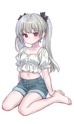  alternate_hairstyle ama-tou arm_support bare_legs barefoot black_bow blouse bow casual closed_mouth collarbone crop_top denim denim_shorts dot_nose expressionless female frilled_shirt frilled_sleeves frills from_side full_body grey_hair hairbow highres long_hair looking_at_viewer looking_to_the_side midriff navel pale_skin pink_eyes puffy_short_sleeves puffy_sleeves shirt short_sleeves shorts simple_background sitting solo sophie_twilight tonari_no_kyuuketsuki-san tsurime twintails wariza white_background white_shirt 