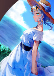  alternate_costume arms_behind_back bare_shoulders blue_eyes blue_flower blue_hair blue_nails blue_rose closed_mouth cloud commentary cowboy_shot cumulonimbus_cloud dress dutch_angle eyewear_on_head female flower from_side hair_bun hair_ornament hat hat_flower highres hololive hoshimachi_suisei looking_at_viewer looking_down medium_hair nail_polish off-shoulder_dress off_shoulder outdoors profile rose saco_(cgmore) seaside sideways_glance single_hair_bun smile solo star-shaped_eyewear star_(symbol) star_hair_ornament straw_hat sun_hat sundress sunglasses virtual_youtuber 