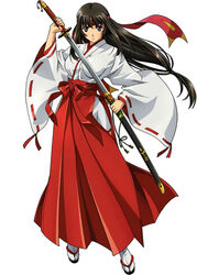  00s black_hair brown_eyes brown_hair female female headband holding holding_sword holding_weapon japanese_clothes long_hair long_sleeves looking_at_viewer low-tied_long_hair miko official_art queen&#039;s_blade sandals serious sheath solo sword tabi tied_hair tomoe unsheathing very_long_hair weapon white_background wide_sleeves 