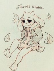  alternate_universe altertale anthro boss_monster_(undertale) bottomwear bovid caprine clothed clothing fire fur hi_res hoodie horn long_ears mammal ppairofbacon simple_background skirt solo topwear toriel toriel_(altertale) undertale undertale_(series) white_background white_body white_fur 