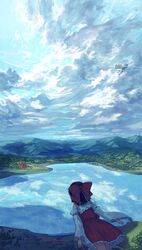  annotated berabou blue_sky bow brown_hair cloud commentary_request day detached_sleeves female flying forest frilled_shirt_collar frills from_above from_behind gensokyo hairbow hakurei_reimu highres landscape misty_lake mountain nature outdoors red_bow red_shirt red_skirt reflection ribbon-trimmed_collar ribbon-trimmed_sleeves ribbon_trim scarlet_devil_mansion scenery shade shining_needle_castle shirt skirt sky solo touhou when_you_see_it 