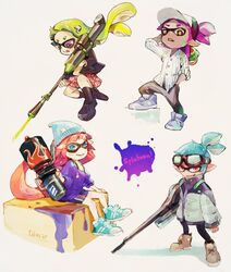  2boys 2girls aqua_hair baseball_cap beanie blaster_(splatoon) dark_skin green_hair hat hero_charger_(splatoon) ink_tank_(splatoon) inkling inkling_boy inkling_girl inkling_player_character lilaccu multiple_boys multiple_girls oerba_yun_fang protected_link purple_eyes purple_hair red_eyes splatoon_(series) splatoon_1 super_soaker 