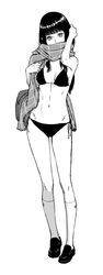  bad_id bad_pixiv_id bag bikini blunt_bangs breasts commentary_request female full_body greyscale highres kaburagi_yuki kneehighs loafers long_hair looking_at_viewer monochrome original scarf school_bag shoes simple_background socks solo swimsuit white_background 