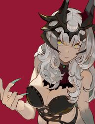  bare_shoulders breasts carmilla_(fate/grand_order) cleavage crown fate/grand_order fate_(series) female fingernails grey_hair image_sample kibadori_rue large_breasts long_fingernails long_hair looking_at_viewer nail_polish red_background slit_pupils solo tumblr_sample yellow_eyes 