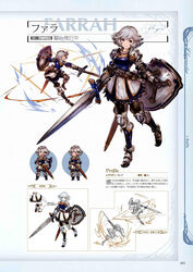  armor armored_boots belt blue_armor blue_eyes boots breastplate character_name chibi closed_eyes concept_art farrah_(granblue_fantasy) female full_body gauntlets granblue_fantasy highres holding holding_sword holding_weapon line_art looking_at_viewer minaba_hideo multiple_views non-web_source official_art open_mouth pantyhose photoshop_(medium) pleated_skirt scan shield short_hair shoulder_pads skirt standing sword thighhighs weapon white_hair 