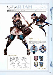  armor armored_boots bag belt blue_armor blue_eyes boots breastplate character_name chibi concept_art farrah_(granblue_fantasy) female full_body gauntlets granblue_fantasy helmet highres holding holding_weapon lingerie minaba_hideo multiple_views non-web_source official_art open_mouth pants photoshop_(medium) scan shield short_hair thighhighs tripping underwear weapon white_hair 