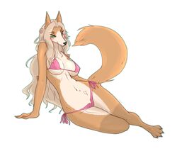  2017 4_toes anthro bikini blonde_hair blush breasts canid canine cleavage clothed clothing eyebrows eyelashes feet female fox fur green_eyes hair hi_res kemono leg_markings long_hair looking_at_viewer lying mammal markings navel nipple_outline on_side orange_body orange_fur paws reclining socks_(marking) solo swimwear tan_body tan_fur toes wide_hips xan_(pixiv) 