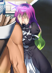  1boy artist_self-insert bad_id bad_pixiv_id black_dress blush breasts closed_mouth covering_face cowboy_shot cross-laced_clothes dress embarrassed female gradient_hair green_hair guard_(skyrim) hair_between_eyes hijiri_byakuren juliet_sleeves large_breasts long_hair long_sleeves multicolored_hair muunyan_(yumenekoya) nose_blush nude photoshop_(medium) puffy_sleeves purple_hair sidelocks the_elder_scrolls the_elder_scrolls_v:_skyrim touhou very_long_hair 