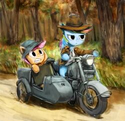  2014 absurd_res anticularpony blue_body blue_fur clothed clothing crossover duo equid equine female feral forest friendship_is_magic fur hair hasbro hat headgear headwear hi_res horse huge_filesize indiana_jones indiana_jones_(franchise) mammal motorcycle multicolored_hair my_little_pony outside plant pony rainbow_dash_(mlp) rainbow_hair scootaloo_(mlp) sidecar tree vehicle 