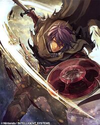  1boy armor armored_boots bad_id bad_twitter_id boots cape company_name deen_(fire_emblem_gaiden) fire_emblem fire_emblem_cipher fire_emblem_echoes:_shadows_of_valentia gloves male_focus nijihayashi official_art one_eye_closed purple_hair scar shield sky solo sword torn_clothes weapon 