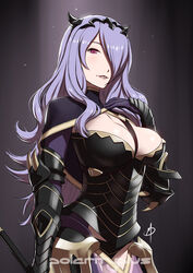  breasts camilla_(fire_emblem_if) cleavage daniel_macgregor dark_background female fire_emblem fire_emblem_if gradient gradient_background hair_over_one_eye large_breasts lavender_eyes long_hair purple_hair solo 