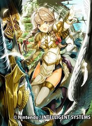  armor blonde_hair braid breastplate brown_eyes commentary_request company_name daigoman faye_(fire_emblem) feathers female fire_emblem fire_emblem_cipher fire_emblem_echoes:_shadows_of_valentia gloves high_heels long_hair official_art open_mouth outstretched_arm pegasus pegasus_knight_uniform_(fire_emblem) polearm protected_link riding solo thighhighs twin_braids weapon white_gloves 