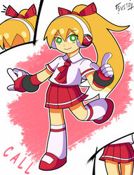  alternate_costume blonde_hair call_(mighty_no._9) call_f commentary_request female gloves green_eyes headphones highres kneehighs mighty_no._9 ponytail school_uniform scrunchie shoutaro_saito skirt smile socks solo 