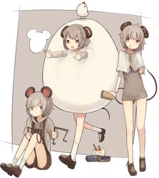  3girls animal_ears bad_id bad_twitter_id bare_legs bird black_shorts brown_footwear capelet chicken cookie_(touhou) dowsing_rod dress egg egg_costume fake_nyon_(cookie) grey_dress grey_eyes grey_hair ichigo_(cookie) inactive_account jewelry kofji_(cookie) long_sleeves miyako_(naotsugu) mouse_ears mouse_tail multiple_girls nazrin nyon_(cookie) pencil pendant red_eyes running shoes short_dress short_hair shorts sitting socks tail the_chicken_that_appears_in_the_middle_of_cookie touhou white_legwear 