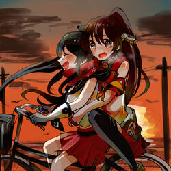  2girls bicycle black_hair black_legwear blush breasts brown_hair closed_eyes commentary_request cruiser_bicycle detached_sleeves flower gloves hair_ornament heavy_breathing itomugi-kun kantai_collection long_hair medium_breasts midriff multiple_girls multiple_riders open_mouth outdoors ponytail power_lines red_skirt riding scared scarf short_hair skirt smile sunset tears thighhighs very_long_hair white_gloves yahagi_(kancolle) yamato_(kancolle) 