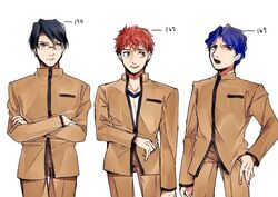  3boys bad_id bad_pixiv_id black_hair blue_hair emiya_shirou fate/stay_night fate_(series) glasses homurahara_academy_school_uniform kumio-appon male_focus matou_shinji multiple_boys orange_hair red_hair ryuudou_issei school_uniform short_hair wavy_hair 