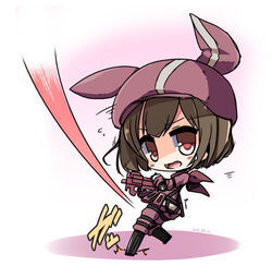  animal_ears animal_hat big_head black_footwear boots brown_eyes brown_hair bullet_line bullpup cabbie_hat chibi commentary_request dated female flying_sweatdrops full_body gloves gun hat holding holding_gun holding_weapon jacket knee_boots llenn_(sao) long_sleeves looking_at_viewer looking_to_the_side open_mouth p90 pants pink_gloves pink_hat pink_jacket pink_pants rabbit_ears rabbit_hat shirasu_youichi short_hair solo standing standing_on_one_leg submachine_gun sword_art_online sword_art_online_alternative:_gun_gale_online thighhighs weapon 