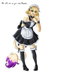  2017 4:5 5_fingers absurd_res anthro armband barbearian biped blonde_hair clothed clothing crossdressing czekoladozaur digital_media_(artwork) dress english_text eyelashes femboy finger_to_cheek fingers footwear front_view fully_clothed generation_2_pokemon gesture hair hand_behind_back hand_gesture hi_res high_heels legwear leo_(velociripper) looking_at_viewer maid_uniform male nintendo open_mouth open_smile paint pokemon pokemon_(species) raised_finger raised_index_finger shoes short_hair simple_background small_waist smeargle smile solo tail tail_tuft text tuft uniform white_background 