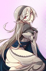  ass cape fire_emblem fire_emblem_if grey_hair hairband long_hair looking_at_viewer looking_back lyn_(shunao) my_unit_(fire_emblem_if) nintendo pointy_ears red_eyes solo 