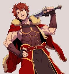  1boy aged_up alexander_(fate) alexandros_(fate) biceps cape commentary_request cosplay cowboy_shot dutch_angle fate/grand_order fate_(series) fur_trim grey_background hair_intakes hand_on_own_hip iskandar_(fate) iskandar_(fate)_(cosplay) looking_at_viewer male_focus manly muscular open_mouth over_shoulder red_eyes red_hair sami_(object_dump) simple_background smile solo sword sword_over_shoulder weapon weapon_over_shoulder 