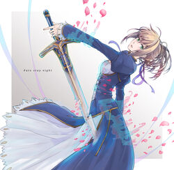  ahoge artoria_pendragon_(all) bad_id bad_pixiv_id bangs banned_artist blonde_hair blue_dress blue_ribbon caliburn copyright_name dress fate/stay_night fate_(series) from_side green_eyes hair_ribbon holding holding_sword holding_weapon looking_at_viewer orii_(orii_i) parted_lips petals ponytail ribbon saber sidelocks solo sword weapon 