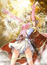  blonde_hair blue_eyes book cape cloud commentary_request company_name female fire_emblem fire_emblem:_hasha_no_tsurugi fire_emblem_cipher hairband long_hair official_art open_mouth solo sparkle sword teeth tiena_(fire_emblem) weapon yamada_koutarou 