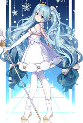  &gt;:) absurdres bare_shoulders blue_eyes blue_hair boots borrowed_design bow chinese_commentary chuor_(chuochuoi) closed_mouth commentary_request crown detached_sleeves dress elbow_gloves female from_side full_body gloves hair_between_eyes hairbow hatsune_miku head_tilt headset high_heel_boots high_heels highres holding holding_staff long_hair looking_at_viewer looking_to_the_side mini_crown mixed-language_commentary multiple_hair_bows pantyhose photoshop_(medium) puffy_short_sleeves puffy_sleeves reflection sash scepter short_sleeves shoulder_sash sleeveless sleeveless_dress smile snowflakes solo staff standing striped striped_bow twintails v-shaped_eyebrows very_long_hair vocaloid white_background white_bow white_dress white_gloves white_pantyhose winding_key yuki_miku yuki_miku_(2019)_(candidate_no.6) 