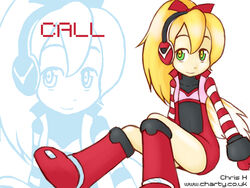  blonde_hair boots call_(mighty_no._9) call_f christopher_hazeldine commentary_request female flat_chest green_eyes headphones knee_boots long_hair mighty_no._9 multicolored_eyes photoshop_(medium) ponytail solo striped_sleeves watermark web_address yellow_eyes zoom_layer 