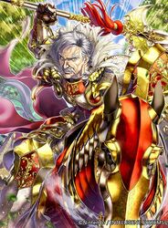  1boy armor armored_boots barding boots commentary_request facial_hair feathers fire_emblem fire_emblem_cipher fire_emblem_echoes:_shadows_of_valentia gloves grey_eyes grey_hair handlebar_mustache horse leaf male_focus manly moustache mycen_(fire_emblem) official_art polearm shield sky solo spear tree weapon yoneko_okome 