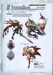  1boy 2girls absurdres angela_(lord_of_vermilion_iii) angela_(lord_of_vermilion_iii)_(cosplay) bare_shoulders black_legwear blonde_hair boots breasts brown_eyes brown_hair cape chibi cleavage cosplay demon_tail djeeta_(granblue_fantasy) elbow_gloves full_body fur_trim gideon_(lord_of_vermillion) gideon_(lord_of_vermillion)_(cosplay) gloves gran_(granblue_fantasy) granblue_fantasy hair_ornament high_heels highres holding holding_weapon huge_weapon jewelry large_breasts long_hair looking_at_viewer looking_back lord_of_vermilion lord_of_vermilion_iii milia_(lord_of_vermilion) minaba_hideo miniskirt multiple_girls necklace non-web_source official_alternate_costume official_art open_mouth panties photoshop_(medium) pointy_ears red_cape red_eyes scan shoes short_hair side-tie_panties single_thighhigh single_wing skirt smile sword tail thigh_strap thighhighs underwear veil weapon wings zettai_ryouiki 