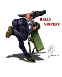  ass bent_over black_hair blue_eyes bob_cut breasts character_name commentary_request dark-skinned_female dark_skin dated denim dual_wielding female from_behind gun gunsmith_cats handgun holding holster jeans pants photoshop_(medium) rally_vincent renirevenge rocket_launcher running shirt short_hair shoulder_holster solo trigger_discipline weapon 