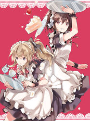  2girls alternate_costume apron arm_up bad_id bad_pixiv_id black_dress blonde_hair brown_eyes brown_hair cake clenched_teeth cup dress enmaided falling food fruit highres maid maid_headdress maribel_hearn miya_(tsumazukanai) multiple_girls pink_background ponytail puffy_sleeves purple_eyes short_sleeves strawberry teacup teeth touhou tray usami_renko wrist_cuffs 