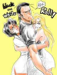  1boy 2girls bad_id bad_pixiv_id bean_bandit black_hair blonde_hair blue_eyes commentary_request crossover dark-skinned_female dark_skin dual_persona english_text girl_sandwich gunsmith_cats hug hug_from_behind manly miniskirt multiple_girls photoshop_(medium) rally_vincent rally_vincent_(riding_bean) riding_bean sandwiched shirt skirt spoken_squiggle squiggle straight t-shirt takokichi 