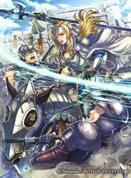  armor barding black_legwear blonde_hair breastplate breasts brown_eyes cape castle cleavage commentary_request company_name eyelashes faceless faceless_male female fire_emblem fire_emblem_cipher fire_emblem_echoes:_shadows_of_valentia gloves green_eyes helmet holding holding_weapon horse large_breasts lips long_hair mathilda_(fire_emblem) official_art open_mouth pantyhose polearm serious sky solo_focus sparkle spear takaya_tomohide teeth weapon white_cape 