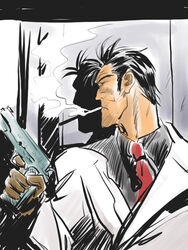  1boy against_wall alternate_costume bad_id bad_pixiv_id bean_bandit brown_gloves cigarette commentary_request film_noir formal gloves gun handgun male_focus necktie photoshop_(medium) riding_bean sideburns smoking solo suit takokichi weapon 