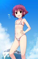  :d bare_shoulders bikini black_eyes blush bob_cut catchphrase cloud commentary day female flat_chest hand_on_own_hip hyuuga_takashi kanbara_satomi micro_bikini navel o-ring o-ring_bottom o-ring_top open_mouth red_hair saki_(manga) short_hair sky smile solo string_bikini swimsuit translated volkswagen volkswagen_type_2 