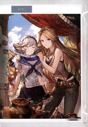  1boy 3girls ^_^ absurdres alternate_costume angry bare_shoulders belt black_bow black_legwear blonde_hair blue_sky blush bow breasts brown_eyes buttons cleavage closed_eyes clothes_in_front cloud crack cygames day earrings erune farrah_(granblue_fantasy) flipped_hair flower granblue_fantasy grey_hair hair_between_eyes hairband hairbow highres holding holding_clothes jealous jewelry katalina_(granblue_fantasy) light_brown_hair long_hair lowain_(granblue_fantasy) medium_breasts minaba_hideo multiple_girls necklace non-web_source official_art pants pantyhose peeking_out photoshop_(medium) plant pleated_skirt ponytail pot potted_plant puffy_short_sleeves puffy_sleeves purple_skirt red_eyes scan school_uniform serafuku short_hair short_sleeves skirt sky smile vira_(granblue_fantasy) 